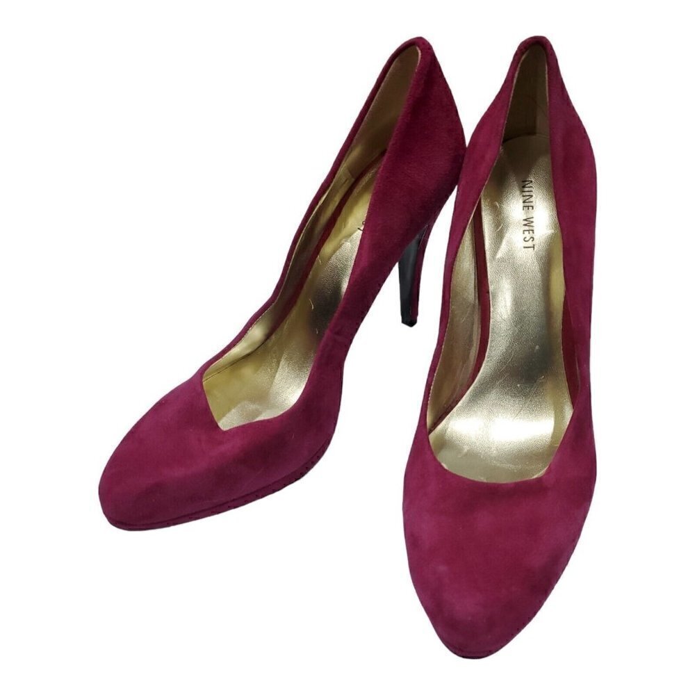 Nine West Pink Fushia Suede Pumps Women's Size 10M Heels Dressy Gold Ins…